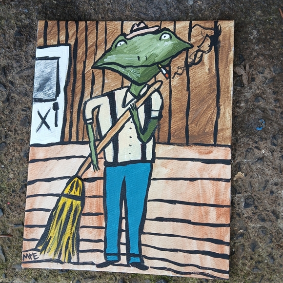Frog Sweeping Porch Painting Folk Art Original - Picture 10 of 10